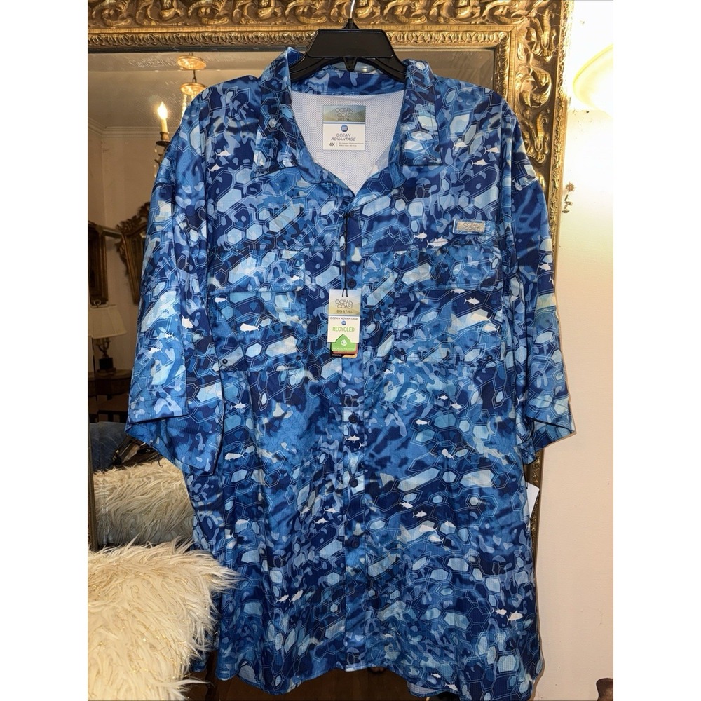 Ocean + Coast Ocean Advantage Fishing Shirt 4X Blue Camo Vented Button Up New